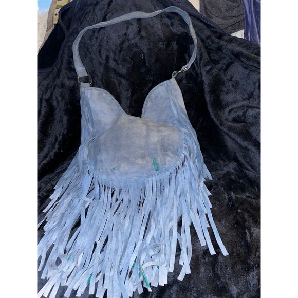 JODILEE AUSTRALIA "HEAVENLY" BLUE SUEDE FRINGED EMBROIDERED BOHO BAG - Picture 4 of 11